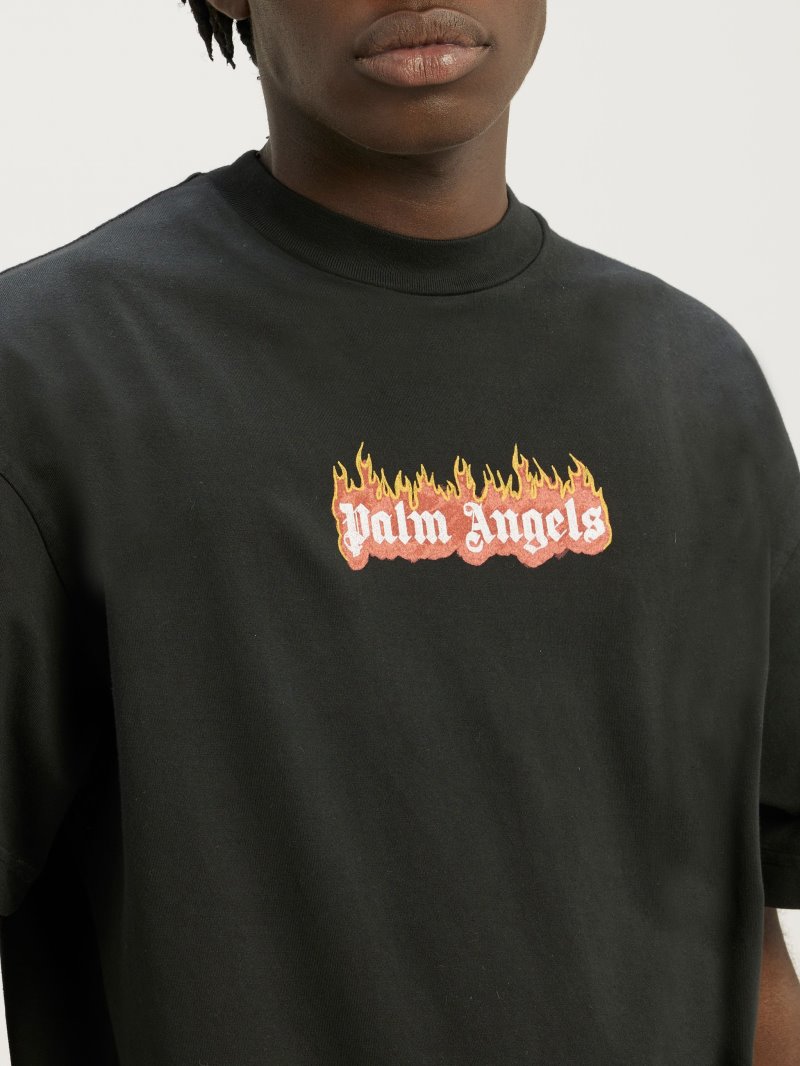 Camiseta Palm Angels Garment Dye Burning Logo Classic Tee Hombre Negras Blancas | ES-854607