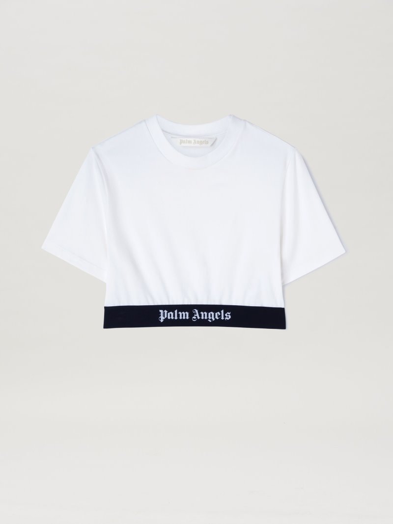 Camiseta Palm Angels Logo Tape Cropped Tee Mujer Blancas | ES-374421