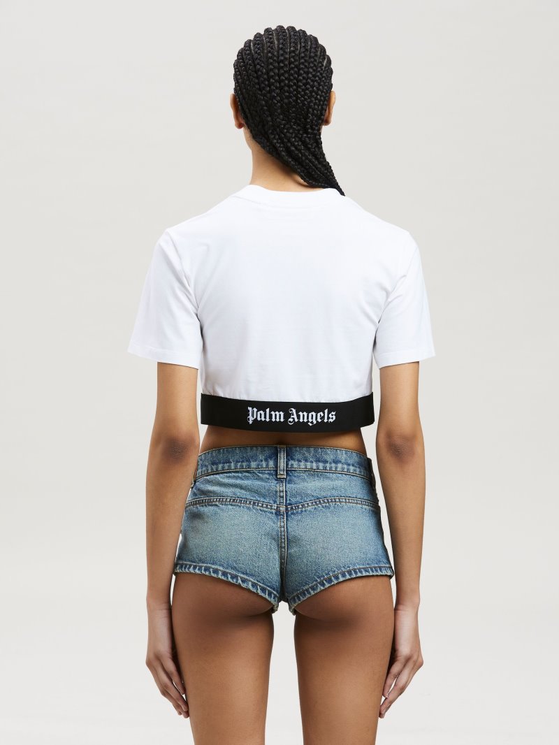 Camiseta Palm Angels Logo Tape Cropped Tee Mujer Blancas | ES-374421