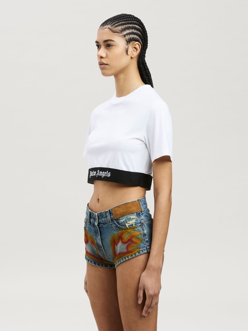 Camiseta Palm Angels Logo Tape Cropped Tee Mujer Blancas | ES-374421