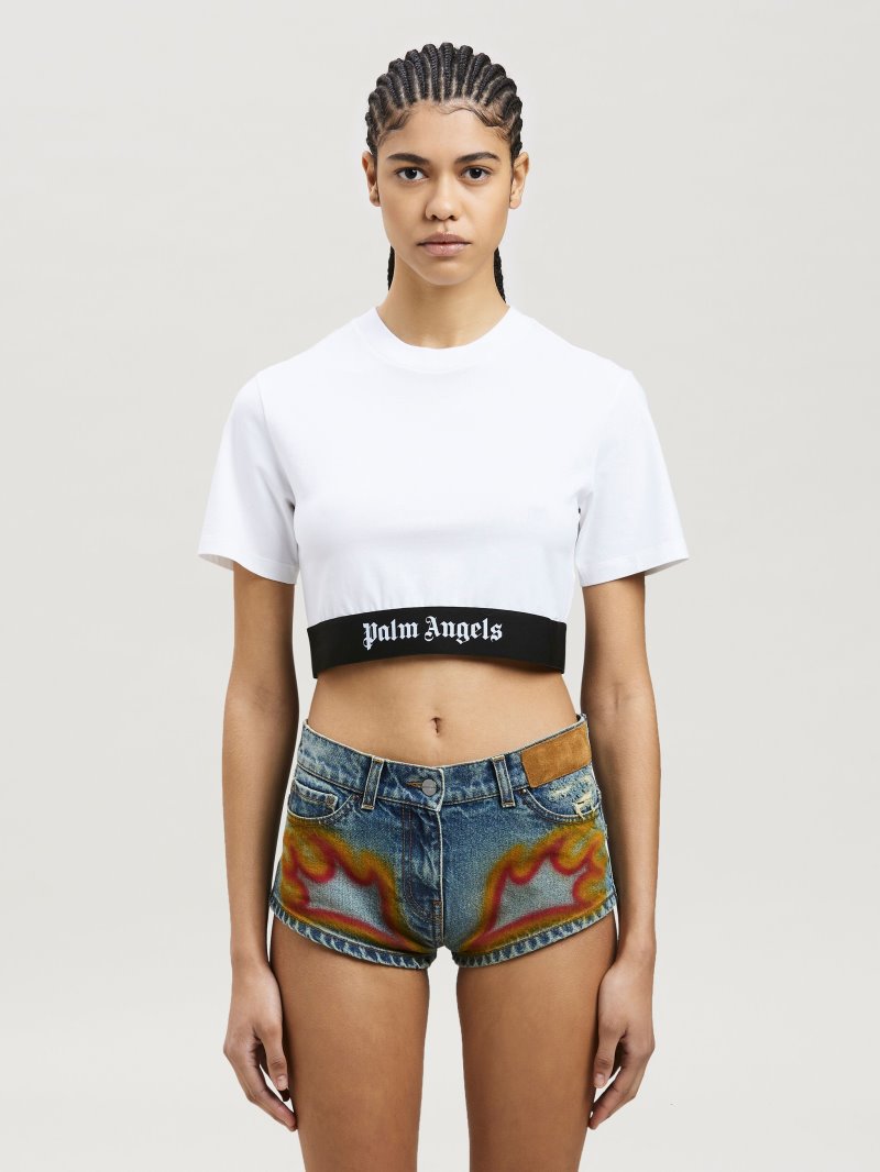 Camiseta Palm Angels Logo Tape Cropped Tee Mujer Blancas | ES-374421