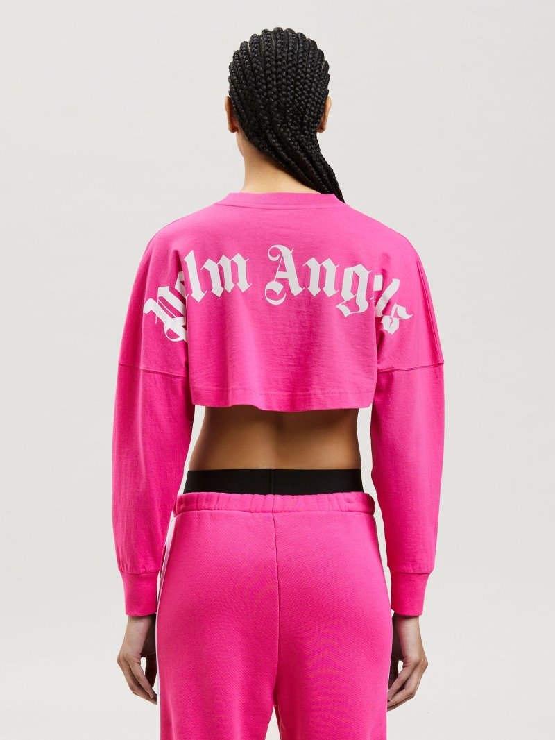 Camiseta Palm Angels Over Logo Cropped Tee Mujer Fucsia Blancas | ES-841640