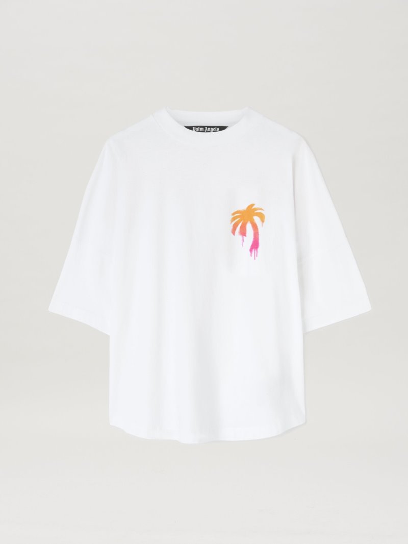 Camiseta Palm Angels Sprayed Palm Logo Over Tee Hombre Blancas Fucsia | ES-536993