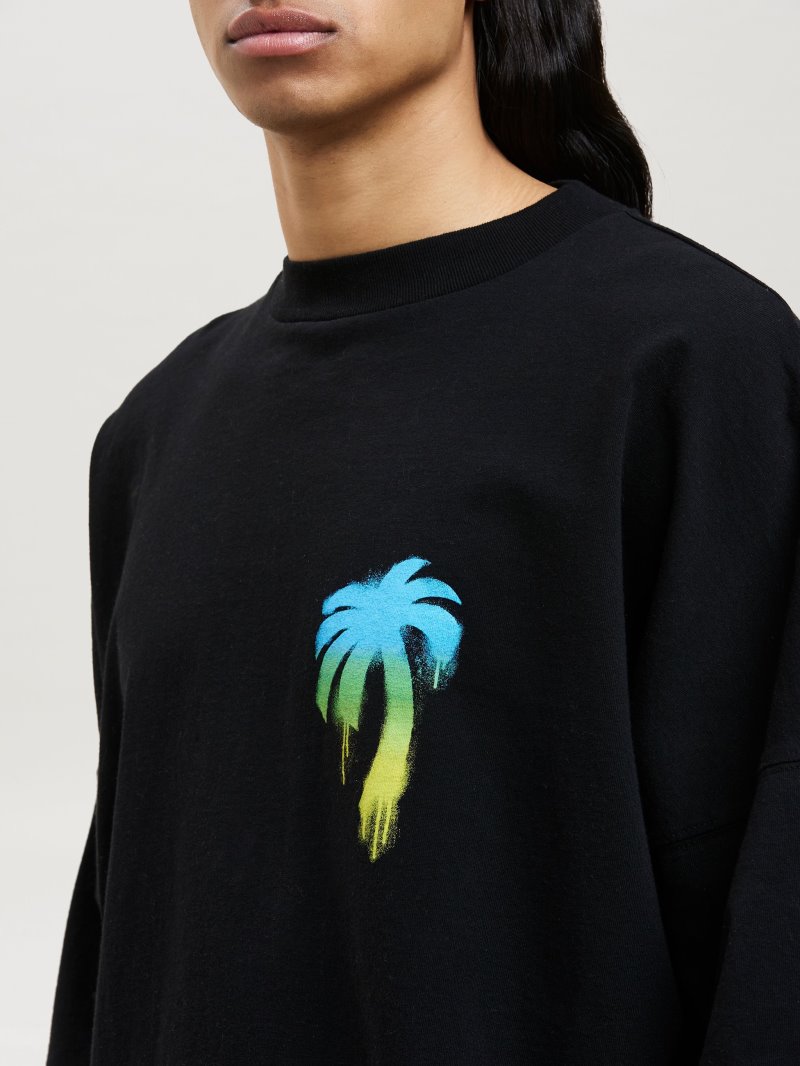 Camiseta Palm Angels Sprayed Palm Logo Over Tee Long Sleeves Hombre Negras Verde | ES-593511