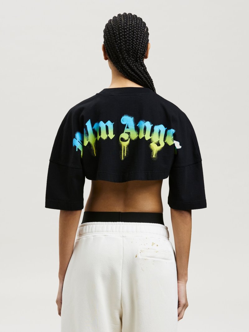 Camiseta Palm Angels Sprayed Palm Overlogo Cropped Tee Mujer Negras Verde | ES-327276