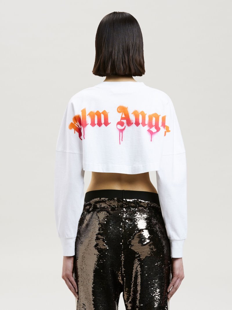 Camiseta Palm Angels Sprayed Palm Overlogo Cropped Tee Mujer Blancas Fucsia | ES-651060