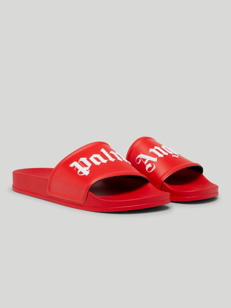 Sandalias de Diapositivas Palm Angels Pool Sliders Hombre Rojas Blancas | ES-032346