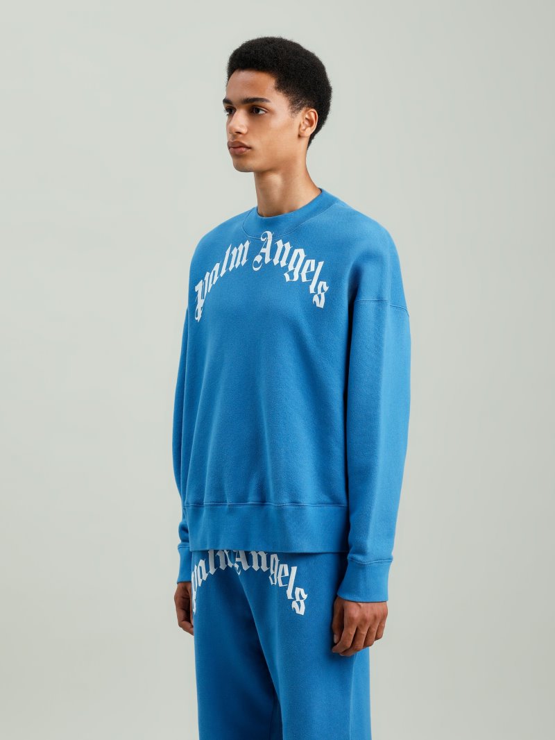 Sudaderas Palm Angels Curved Logo Sweatshirt Hombre Azules Blancas | ES-187464