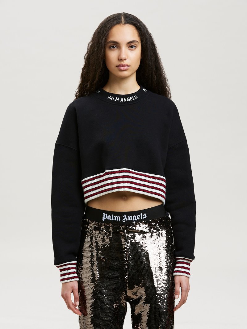 Sudaderas Palm Angels Logo Rib Cropped Sweatshirt Mujer Negras Blancas | ES-580617