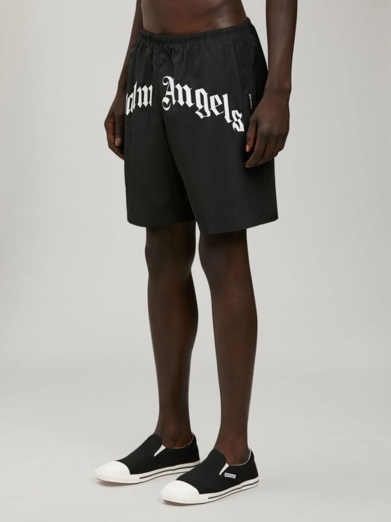 Swim Shorts Palm Angels Curved Logo Swimming Shorts Hombre Negras Blancas | ES-142666