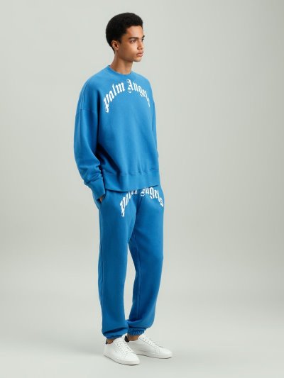 Pantalones Deportivos Palm Angels Curved Logo Sweatpants Hombre Azules Blancas | ES-148816