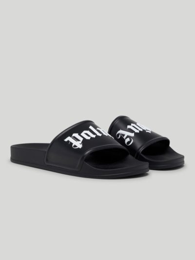 Sandalias de Diapositivas Palm Angels Pool Sliders Hombre Negras Blancas | ES-829073